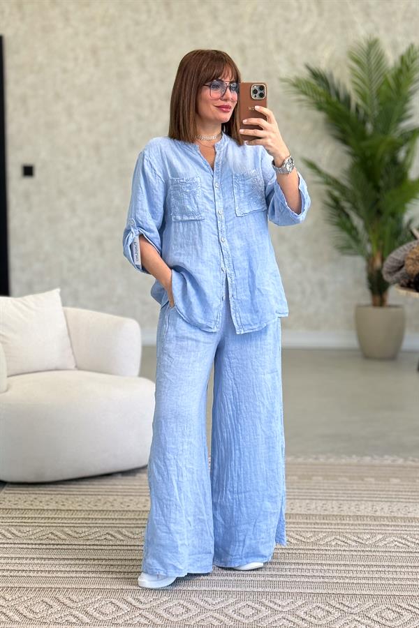 Şerit Pul Ve Çiçek Kabartmalı Gömlekli Alt Üst Keten Takım Bebe Mavi Renk