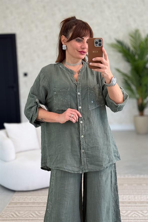 Şerit Pul Ve Çiçek Kabartmalı Gömlekli Alt Üst Keten Takım Haki Renk