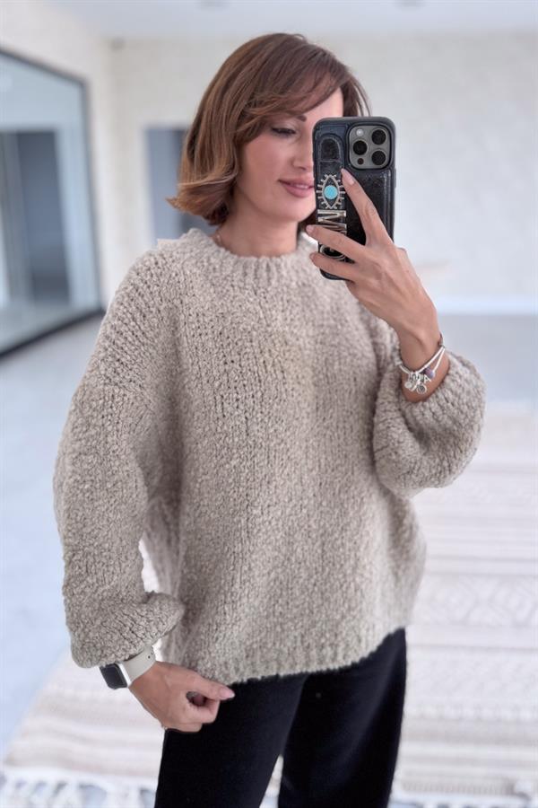 Sıfır Yaka Buklet Kazak Bej Renk