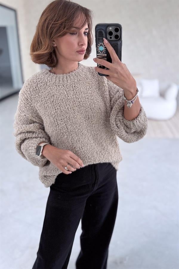 Sıfır Yaka Buklet Kazak Bej Renk