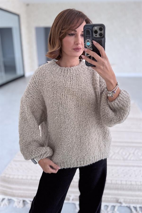 Sıfır Yaka Buklet Kazak Bej Renk