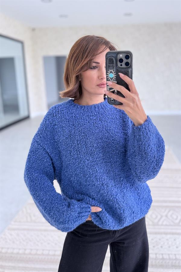 Sıfır Yaka Buklet Kazak Saks Renk