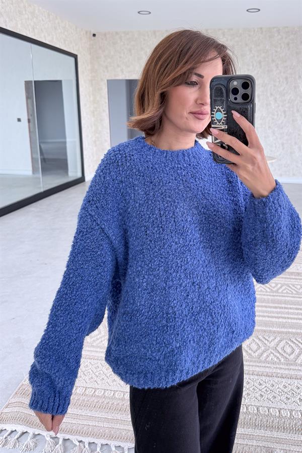 Sıfır Yaka Buklet Kazak Saks Renk