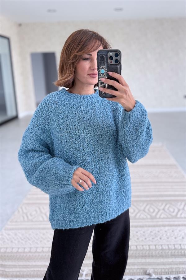 Sıfır Yaka Buklet Kazak Turkuaz Renk