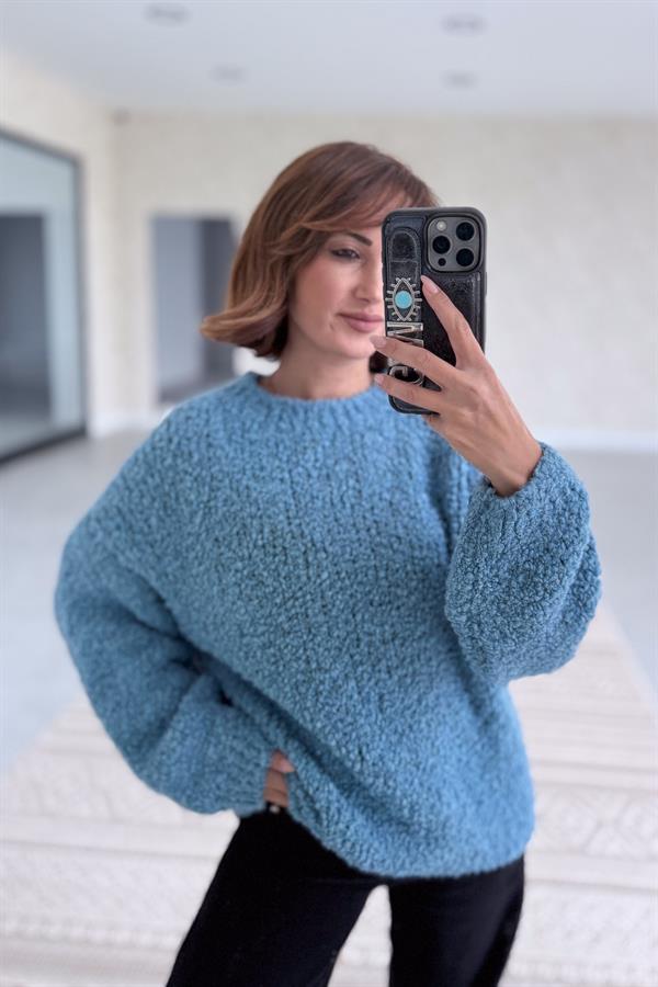 Sıfır Yaka Buklet Kazak Turkuaz Renk