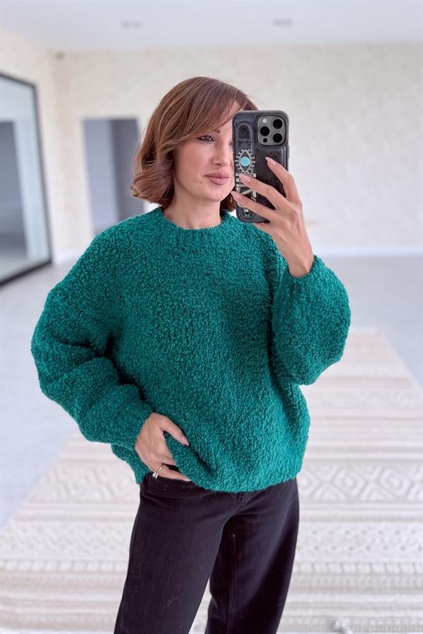 Sıfır Yaka Buklet Kazak Yeşil Renk