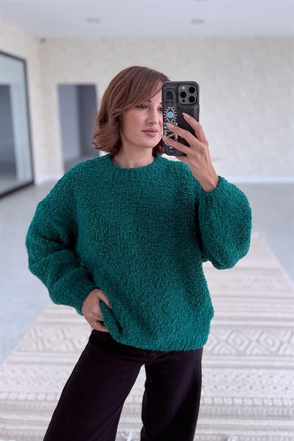 Sıfır Yaka Buklet Kazak Yeşil Renk