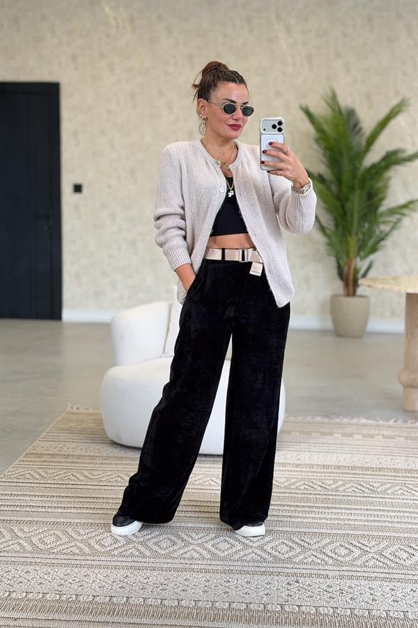 Sıfır Yaka Düğmeli Örme Hırka Bej Renk