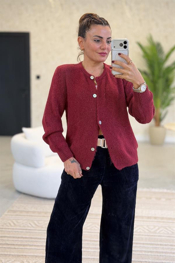 Sıfır Yaka Düğmeli Örme Hırka Bordo Renk