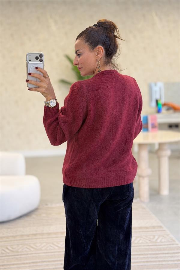 Sıfır Yaka Düğmeli Örme Hırka Bordo Renk