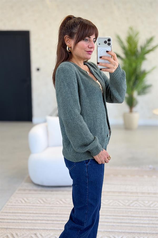 Sıfır Yaka Düğmeli Örme Hırka Haki Renk