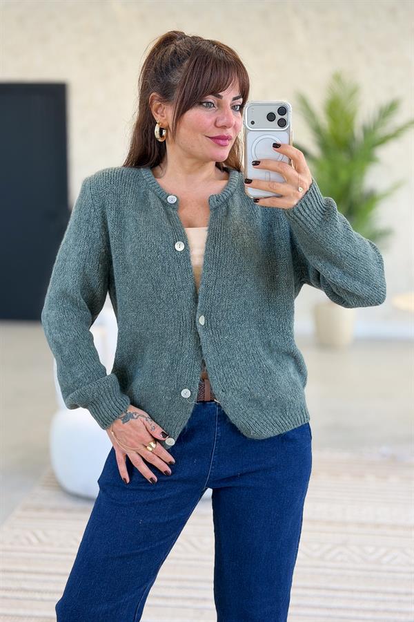 Sıfır Yaka Düğmeli Örme Hırka Haki Renk