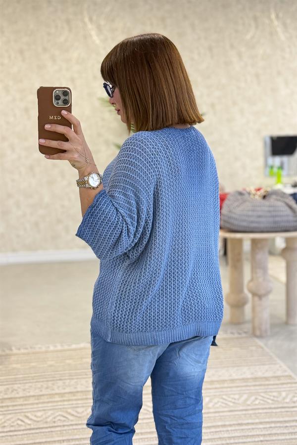 Silver Baskı Ve Taşlı Örme Bluz İndigo Renk