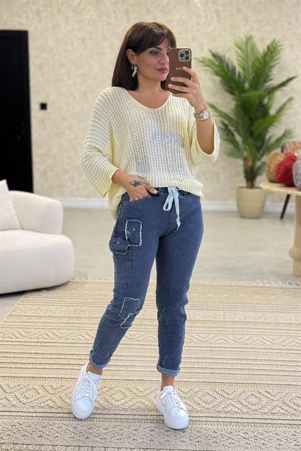 Silver Baskı Ve Taşlı Örme Bluz Limon Sarı Renk