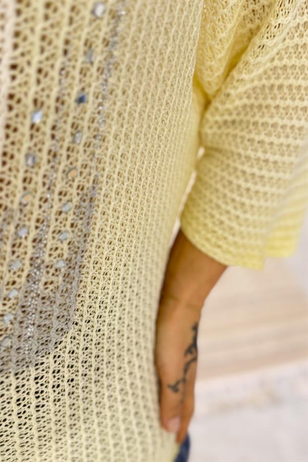 Silver Baskı Ve Taşlı Örme Bluz Limon Sarı Renk