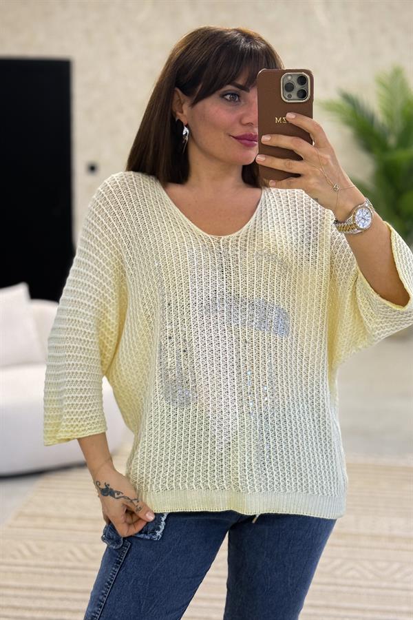 Silver Baskı Ve Taşlı Örme Bluz Limon Sarı Renk