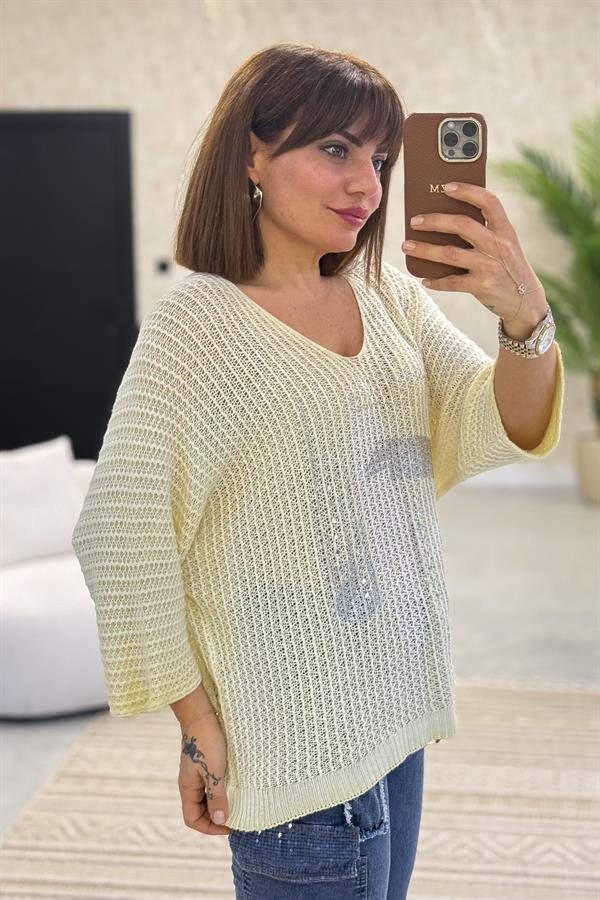 Silver Baskı Ve Taşlı Örme Bluz Limon Sarı Renk