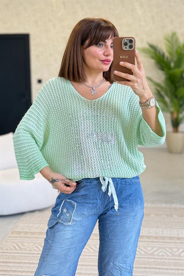 Silver Baskı Ve Taşlı Örme Bluz Mint Renk