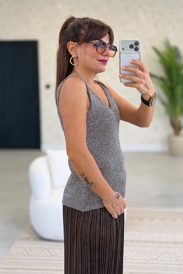 Simli Kolsuz Triko Vizon Renk