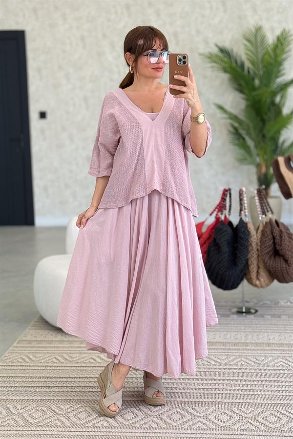 Sırtı Bağlama Detaylı Üstü Fileli İki Parçalı Pamuklu Elbise Pudra Renk