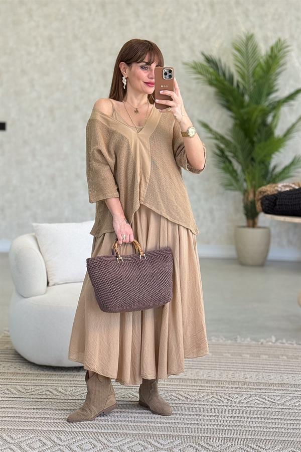 Sırtı Bağlama Detaylı Üstü Fileli İki Parçalı Pamuklu Elbise Camel Renk