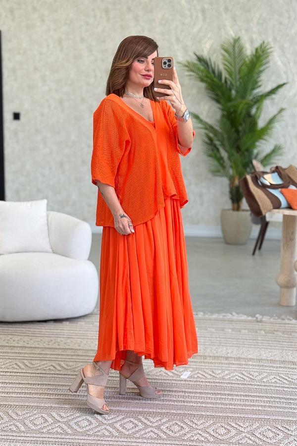 Sırtı Bağlama Detaylı Üstü Fileli İki Parçalı Pamuklu Elbise Turuncu Renk