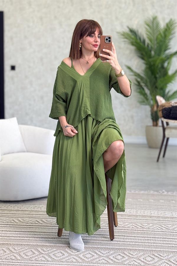 Sırtı Bağlama Detaylı Üstü Fileli İki Parçalı Pamuklu Elbise Fıstık Yeşil Renk