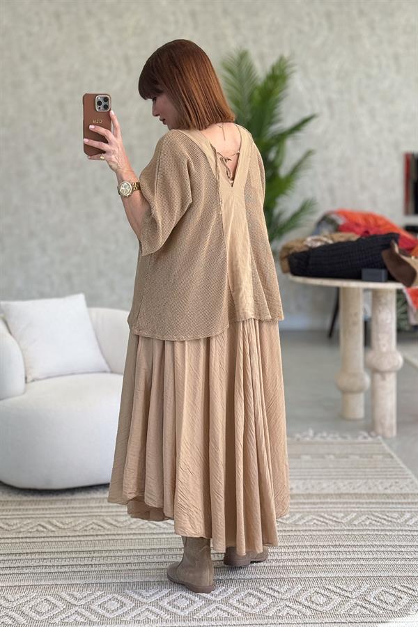 Sırtı Bağlama Detaylı Üstü Fileli İki Parçalı Pamuklu Elbise Camel Renk