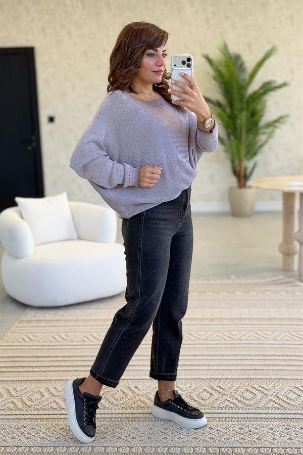 Sırtı Fermuar Detaylı Kayık Yaka Simli Triko Lila Renk