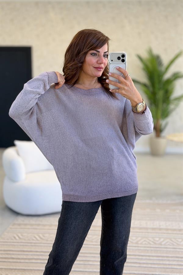 Sırtı Fermuar Detaylı Kayık Yaka Simli Triko Lila Renk