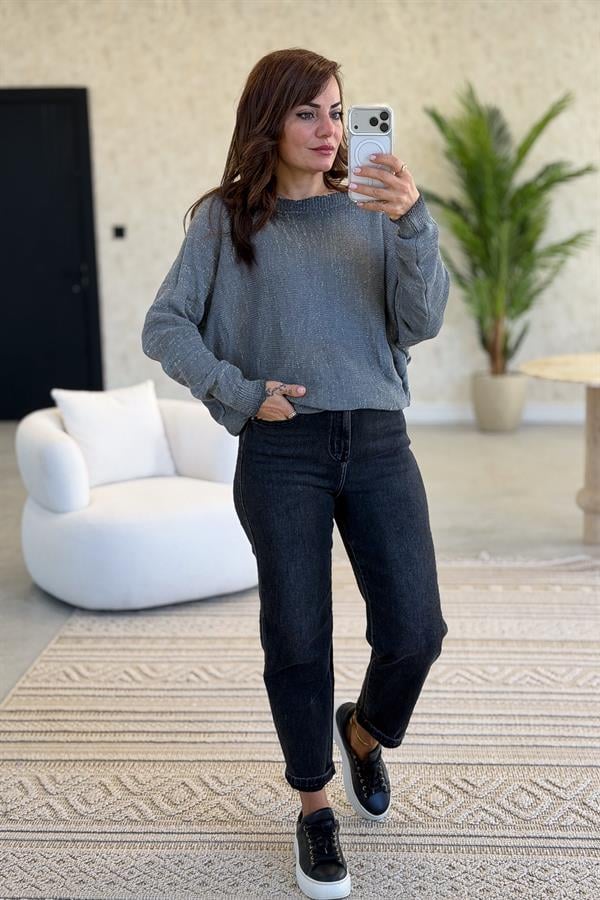 Sırtı Fermuar Detaylı Kayık Yaka Simli Triko Antresit Renk