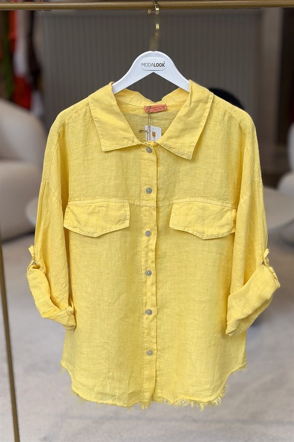 Sırtı Şerit Pullu Çift Cep Görünümlü Keten Gömlek Sarı RenkGÖMLEK