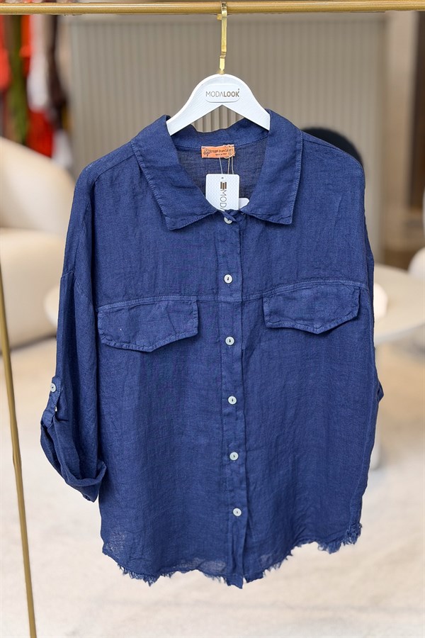 Sırtı Şerit Pullu Çift Cep Görünümlü Keten Gömlek Lacivert Renk