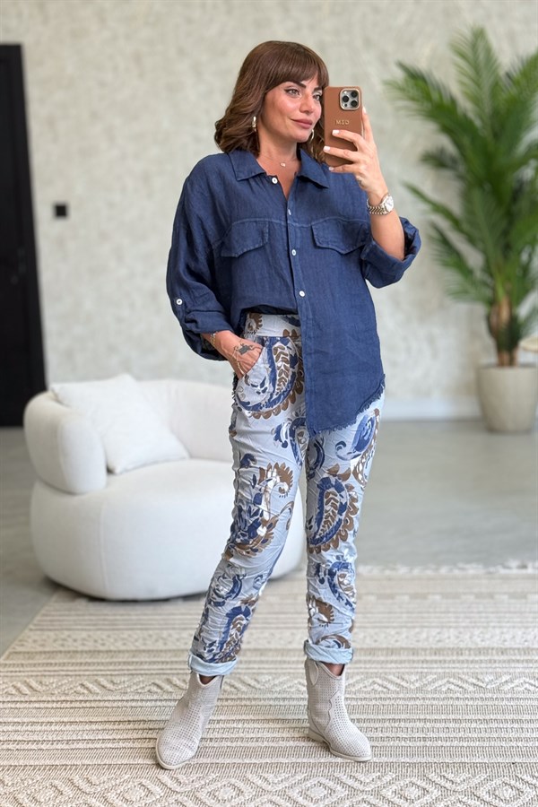 Sırtı Şerit Pullu Çift Cep Görünümlü Keten Gömlek Lacivert Renk