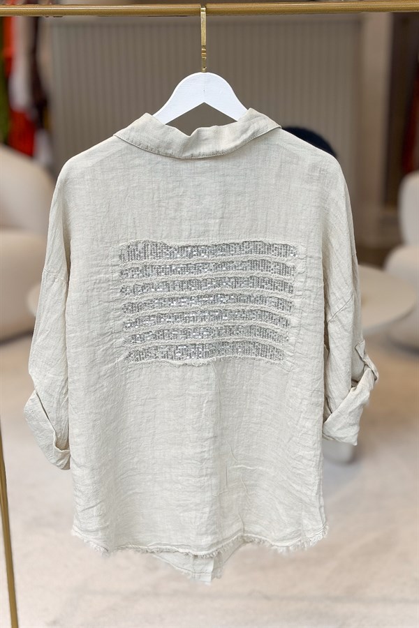 Sırtı Şerit Pullu Çift Cep Görünümlü Keten Gömlek Bej Renk