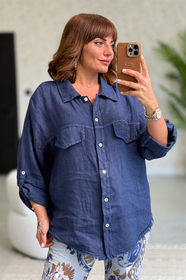 Sırtı Şerit Pullu Çift Cep Görünümlü Keten Gömlek Lacivert Renk