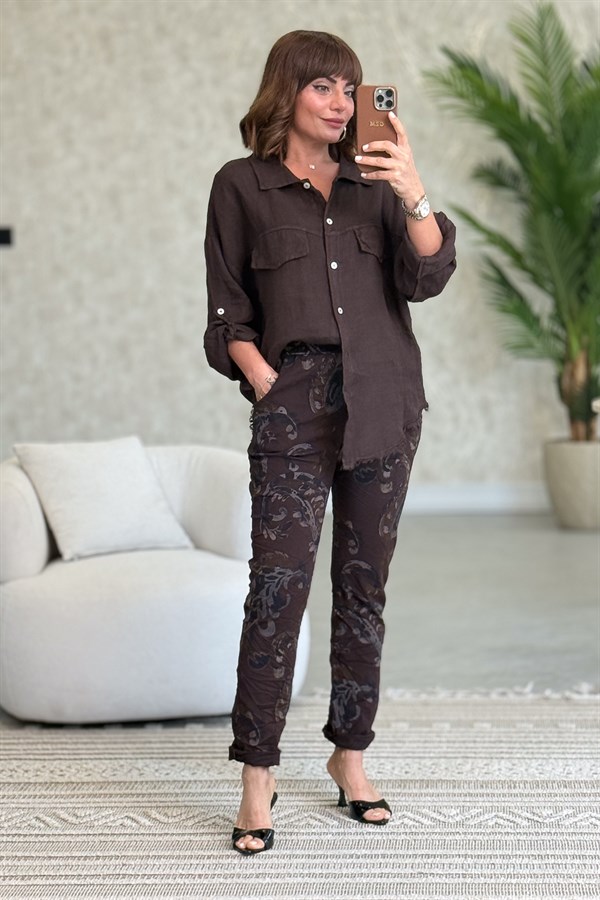 Sırtı Şerit Pullu Çift Cep Görünümlü Keten Gömlek Acı Kahve Renk