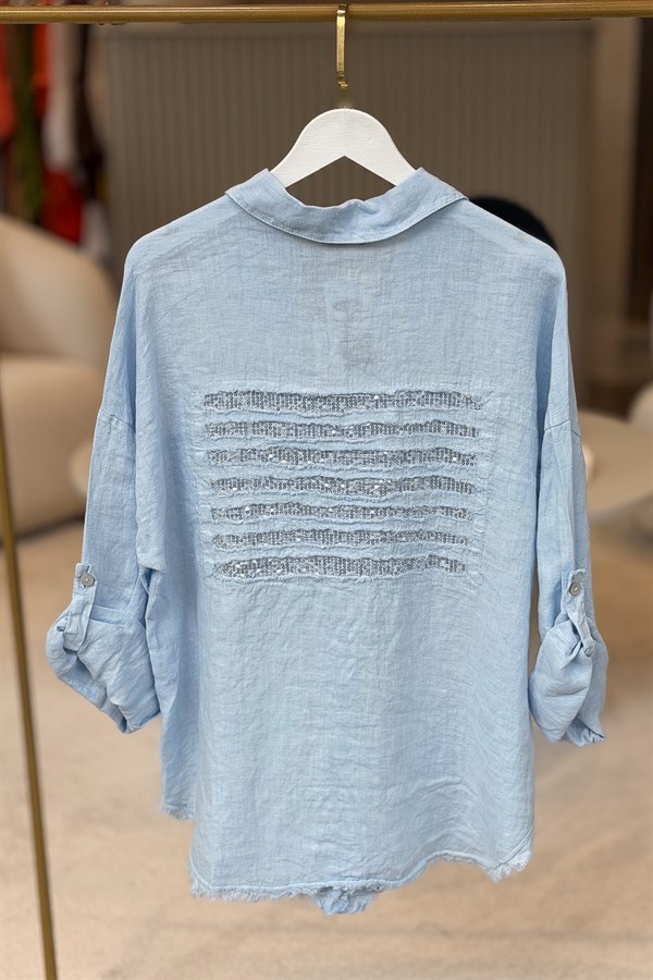 Sırtı Şerit Pullu Çift Cep Görünümlü Keten Gömlek Bebe Mavi Renk