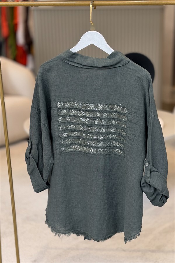 Sırtı Şerit Pullu Çift Cep Görünümlü Keten Gömlek Koyu Haki Renk