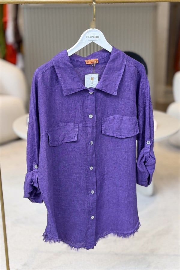 Sırtı Şerit Pullu Çift Cep Görünümlü Keten Gömlek Mor RenkGÖMLEK