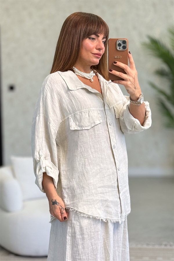 Sırtı Şerit Pullu Çift Cep Görünümlü Keten Gömlek Bej Renk