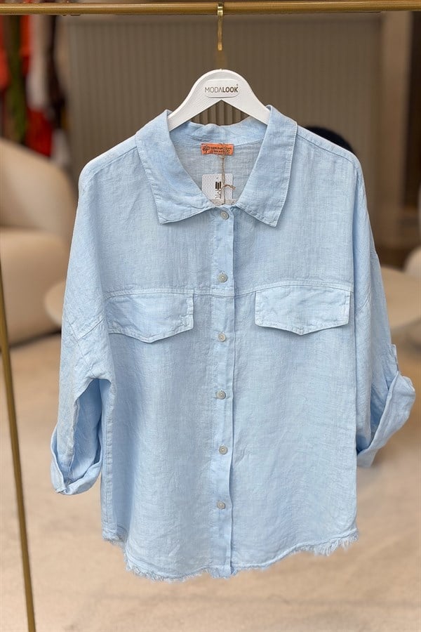 Sırtı Şerit Pullu Çift Cep Görünümlü Keten Gömlek Bebe Mavi RenkGÖMLEK