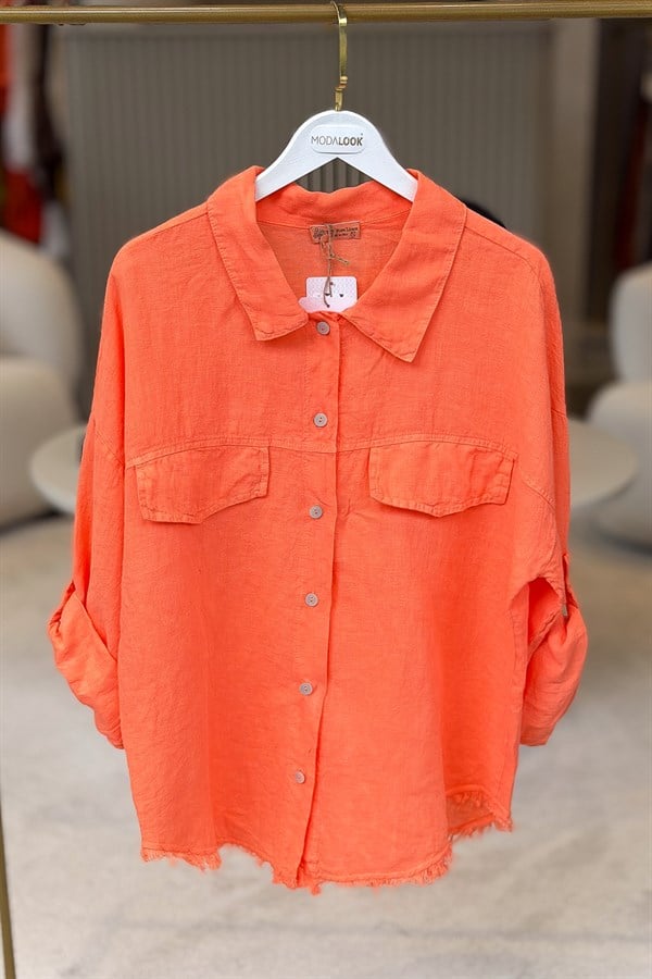 Sırtı Şerit Pullu Çift Cep Görünümlü Keten Gömlek Mercan RenkGÖMLEK