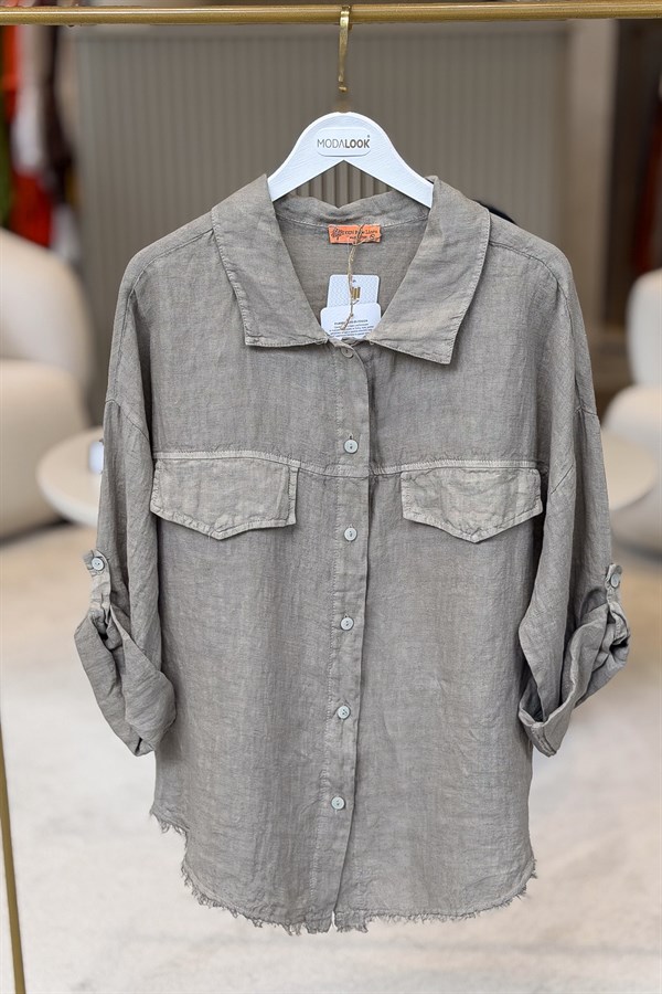 Sırtı Şerit Pullu Çift Cep Görünümlü Keten Gömlek Vizon RenkGÖMLEK