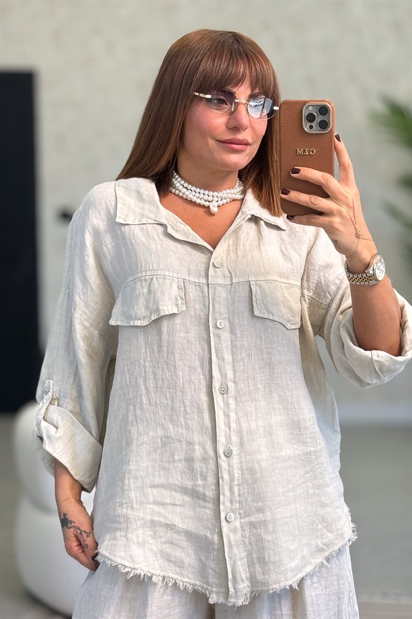 Sırtı Şerit Pullu Çift Cep Görünümlü Keten Gömlek Bej Renk