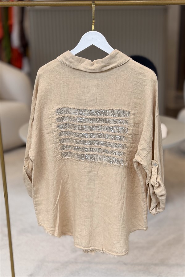 Sırtı Şerit Pullu Çift Cep Görünümlü Keten Gömlek Bal Köpüğü Renk