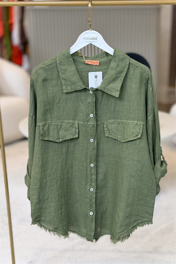 Sırtı Şerit Pullu Çift Cep Görünümlü Keten Gömlek Yağ Yeşili RenkGÖMLEK