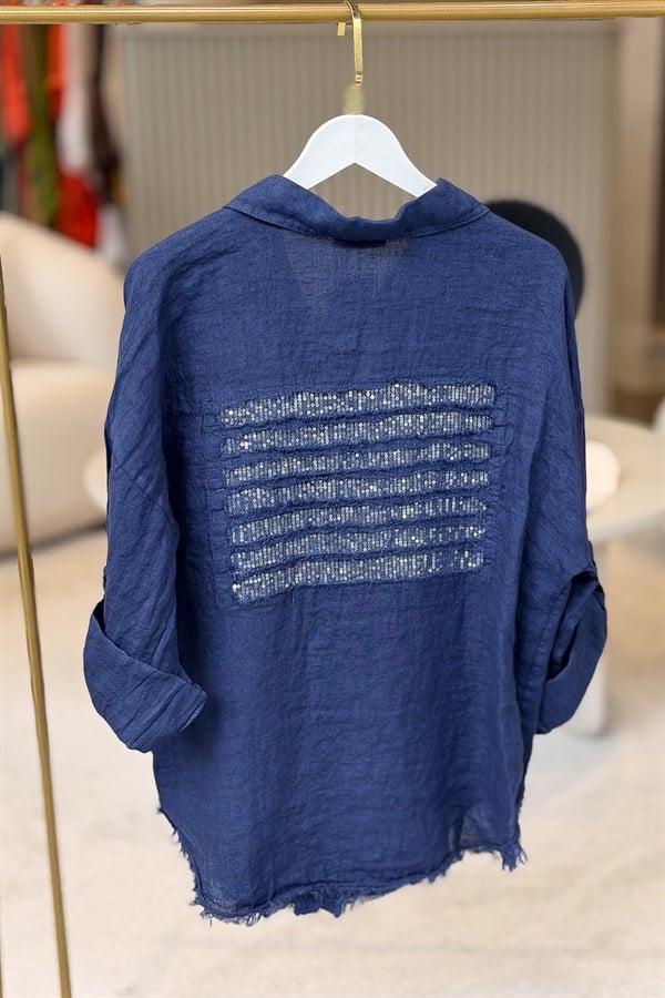 Sırtı Şerit Pullu Çift Cep Görünümlü Keten Gömlek Lacivert Renk