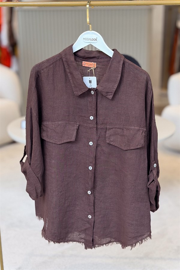Sırtı Şerit Pullu Çift Cep Görünümlü Keten Gömlek Acı Kahve Renk