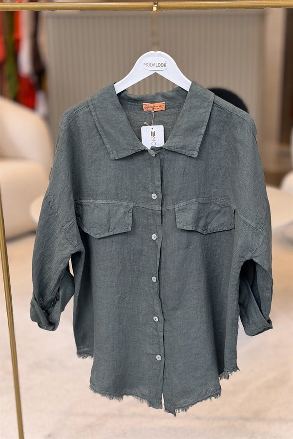Sırtı Şerit Pullu Çift Cep Görünümlü Keten Gömlek Koyu Haki RenkGÖMLEK